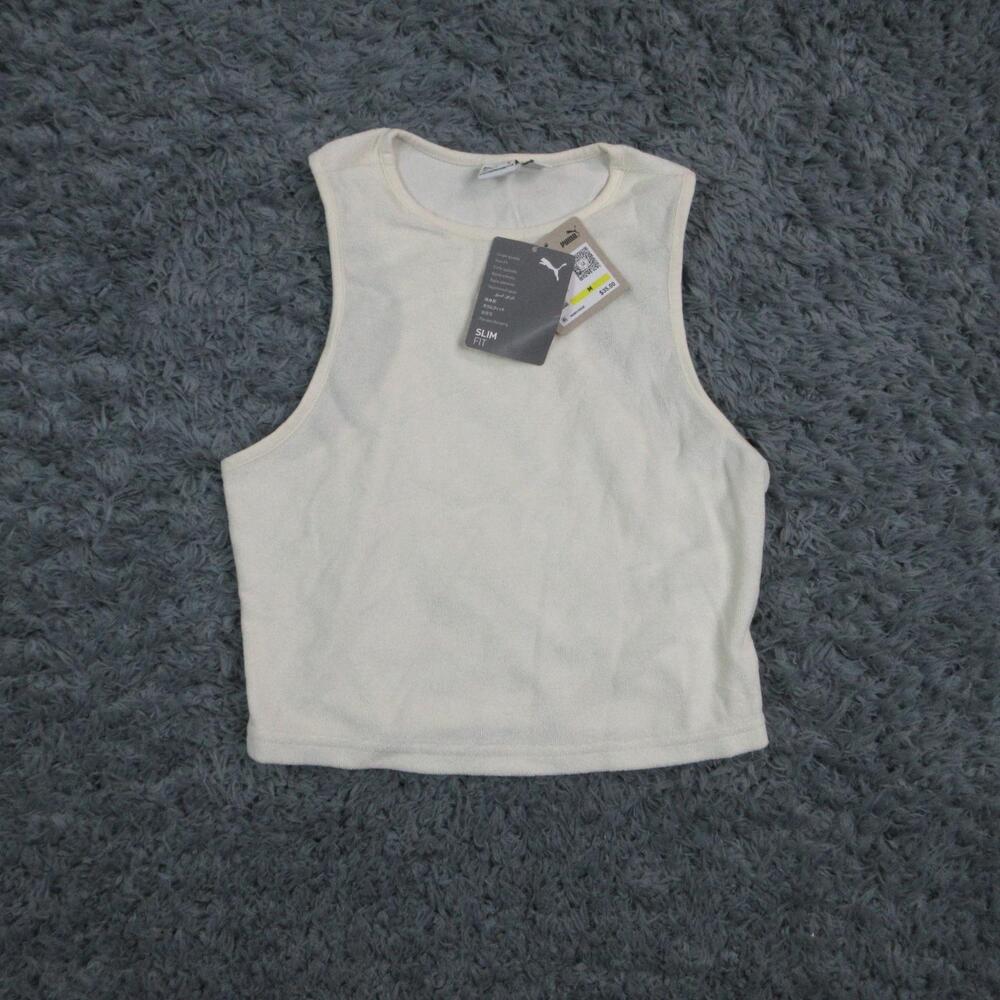 PUMA Tank Top Womens Medium Off White Terry Classics Towelling Slim Crop NWT